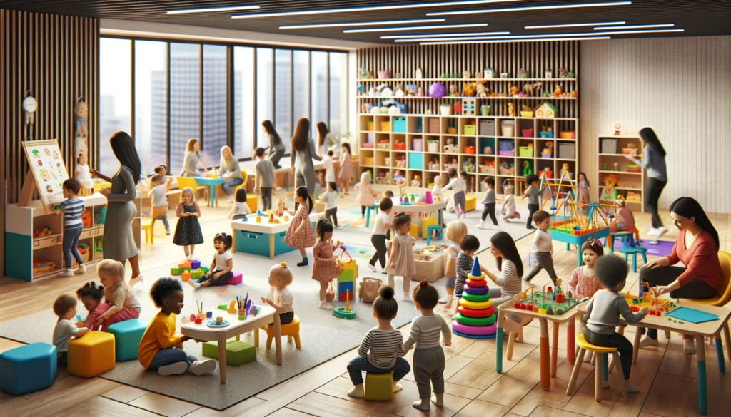Crèche privée moderne et flexible pleine de vie avec enfants et éducateurs en activité, illustrant une solution de garde adaptée aux entrepreneures avec horaires flexibles.