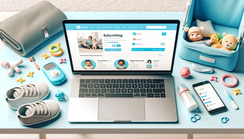 Plateforme numérique de babysitting sur demande montrant un écran d'ordinateur avec des profils de babysitters, entouré de jouets et d'articles pour enfants, représentant une solution pratique pour les entrepreneures.