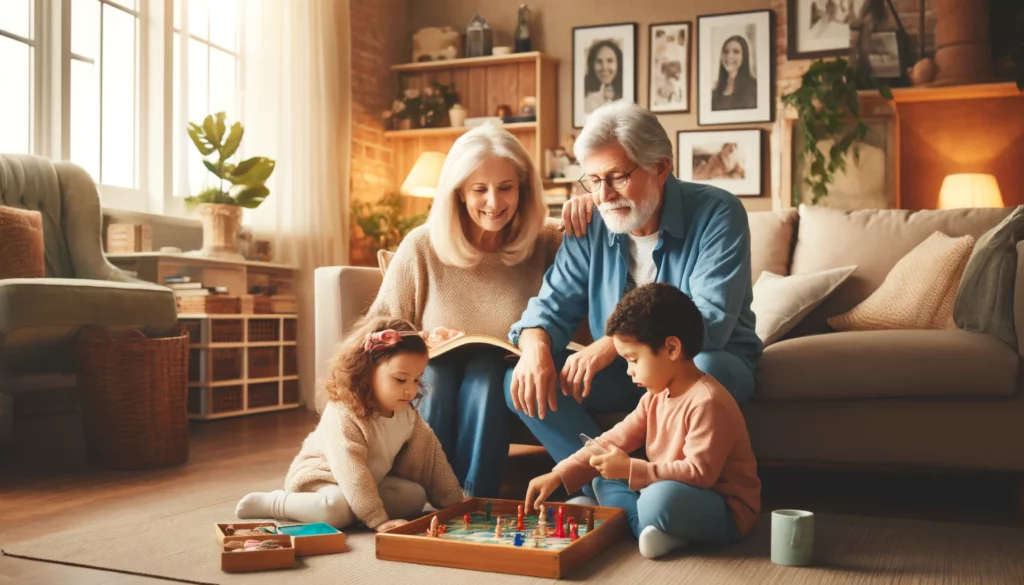 Grands-parents jouant avec leurs petits-enfants dans un salon chaleureux, symbolisant le soutien familial dans la garde d’enfants pour les parents entrepreneurs.